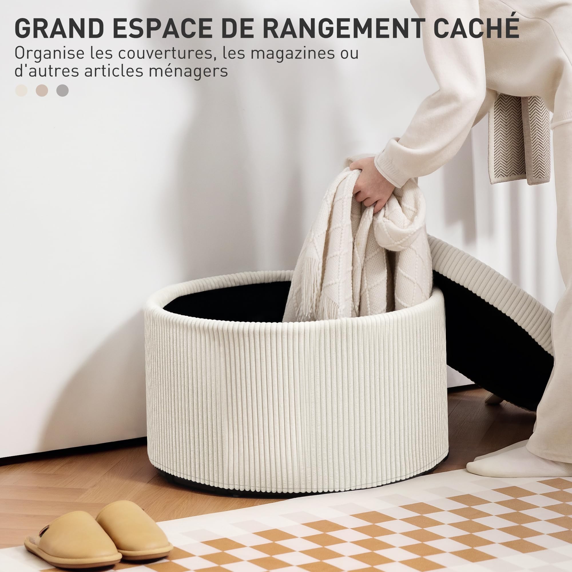 HOMCOM Pouf Coffre Rangement, Tabouret Rond, 120 Kg, Ø 60 x 41 cm, Beige