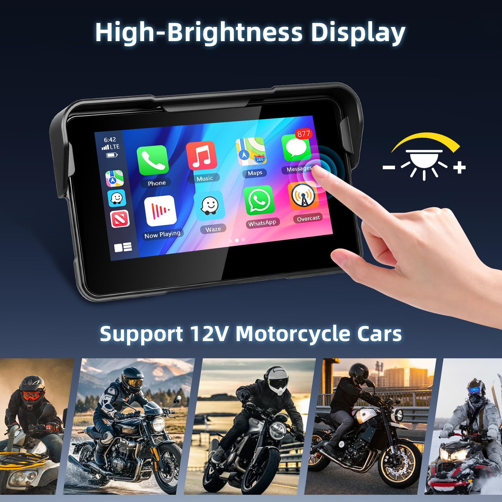 Motorrad Carplay Bildschirm mit Navigation, Tragbarer 5 Zoll Wasserdichter Touchscreen mit Kabelloses CarPlay und Android Auto Motorrad, Bluetooth, EQ, Kalibrierung Berühren