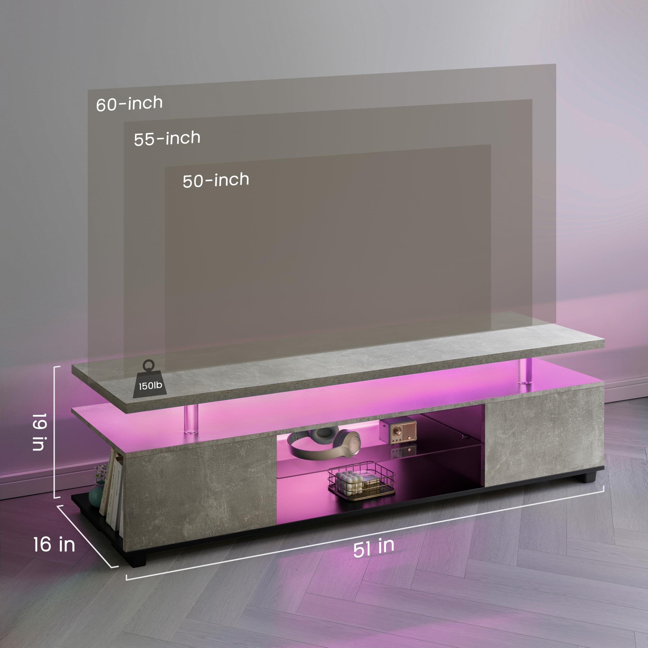 Mueble bajo para TV con LED multicolor y 3 compartimentos de almacenamiento