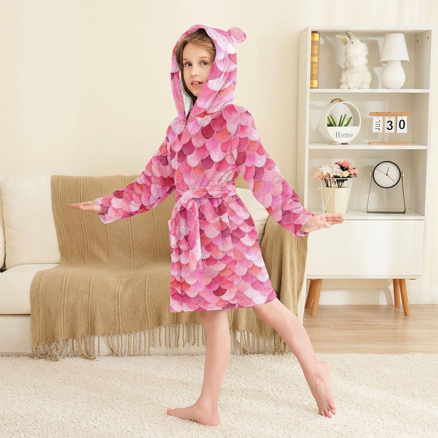 Pink Scales Pattern Toddler Hooded Bathrobe for Boys Girls Soft Plush Bath Towel Robe 2-12 Years
