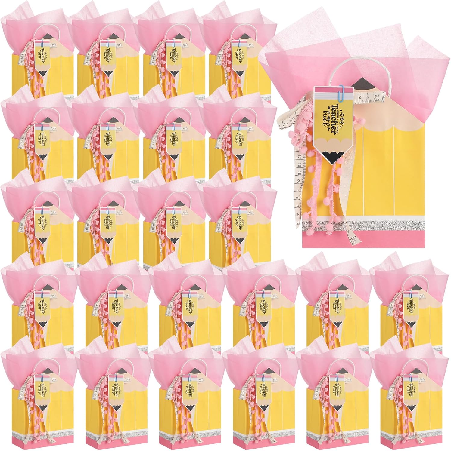 Kolldenn 24 Pcs Teacher Appreciation Gift Bags Bulk with Tissue Card Tissue Ribbon Paper Notebook Line for Teacher Appreciation Week First Day of School Gifts (Bright​)