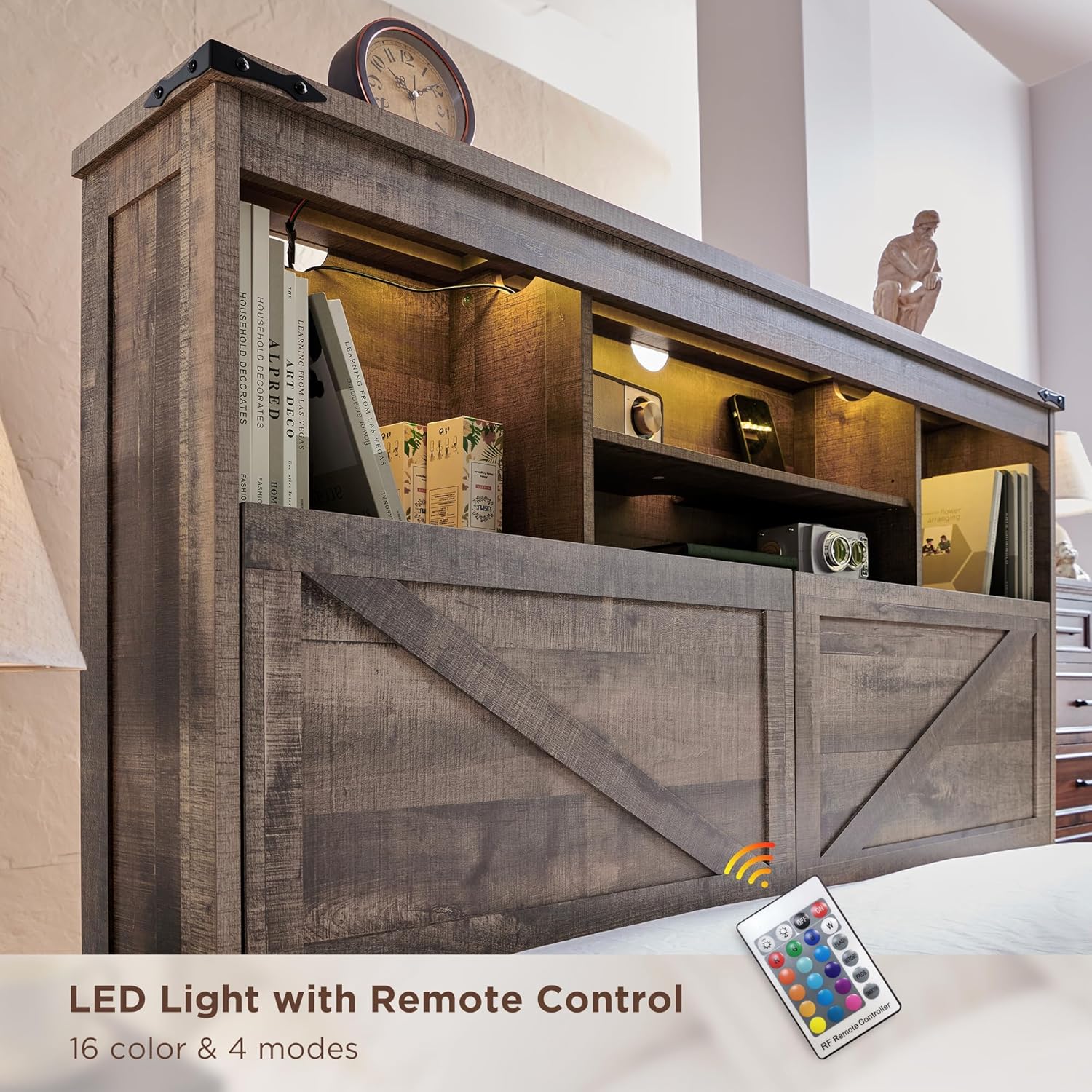 Close-up of the headboard with LED lights illuminated in blue, showing the remote control.