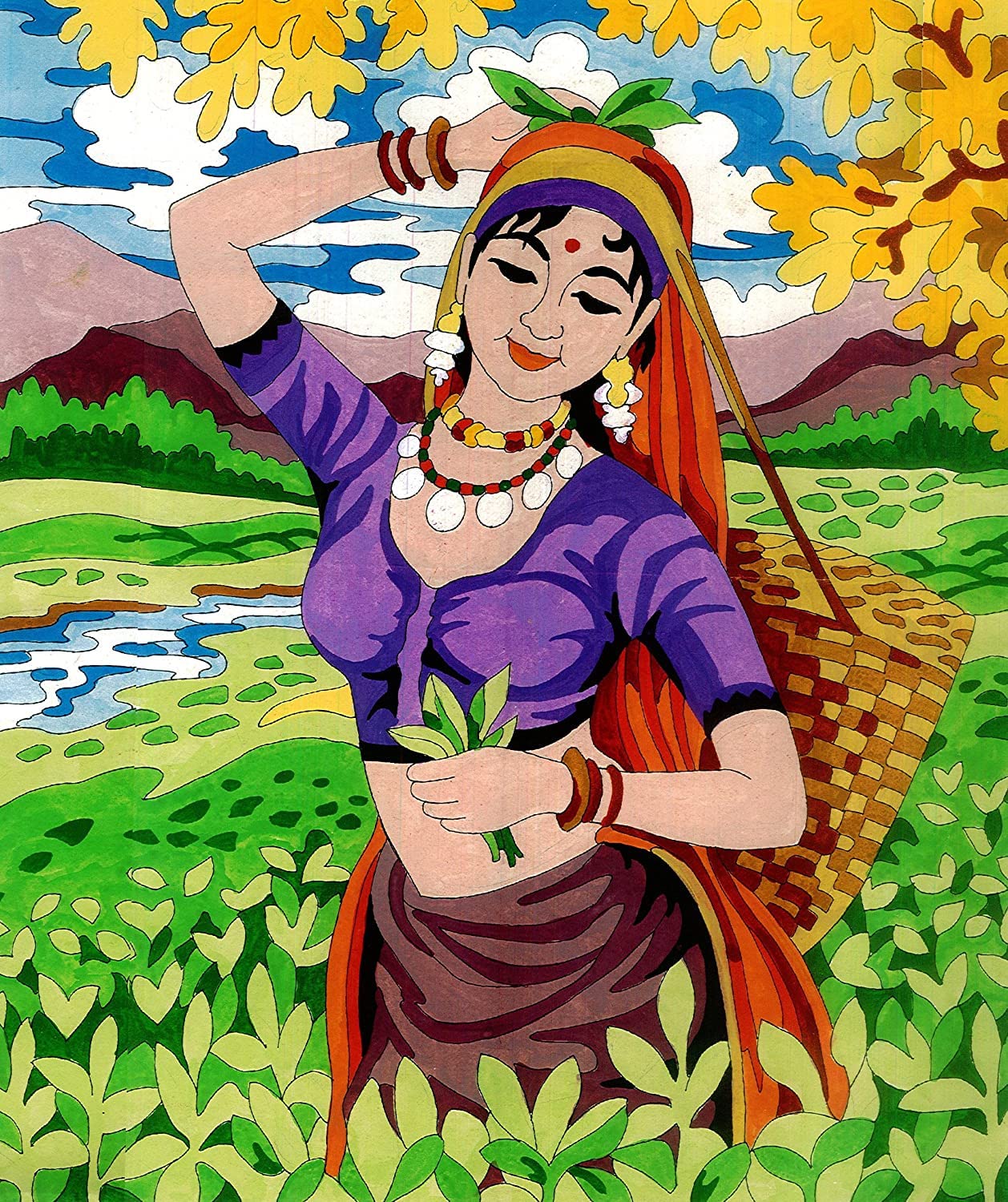 HUNNY- BUNCH® Premium Anchor Stitch Kit for Childrens to Adults Crafters, Long Stitch Kit with Beautiful 45 Cotton Skeins (Art - AMP1000-00052 - Tea Picker)