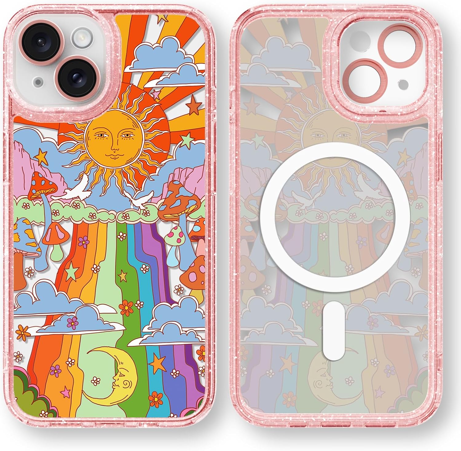 Designed for iPhone 14 Case Pink Glitter Clear - Cute Bling Phone Case with Wrist Strap - Aesthetic Y2K Case for Woman, Girl 6.1" (Cute Shark)