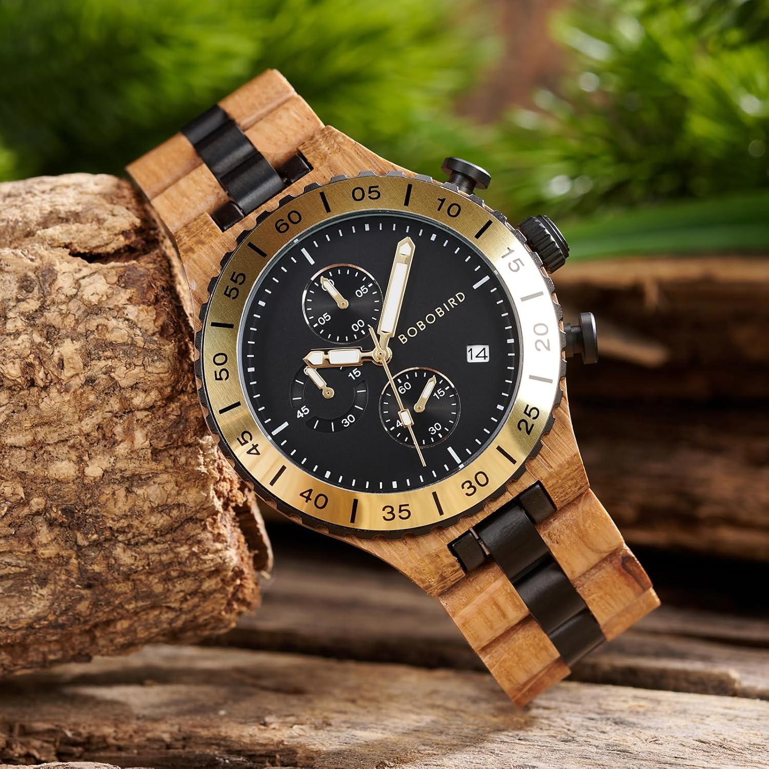 BOBO BIRD Men's Wooden Watch Chronograph Quartz Watch with Date Display, 43mm Large Dial, Luminous Hands, Natural Wood & Stainless Steel Wristwatch – Gift for Him