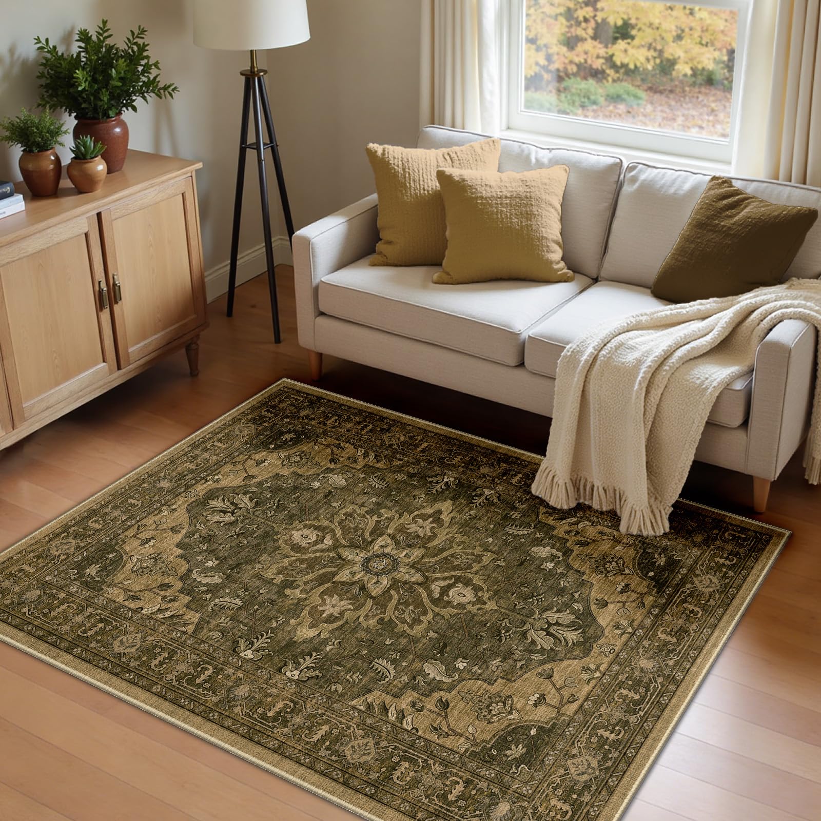INOVADAY Machine Washable Rugs 120x180 cm Vintage Area Rug Low Pile Anti-Slip Carpet with Print Pattern for Living Room Bedroom Home Office Indoor Brown/Dark Brown