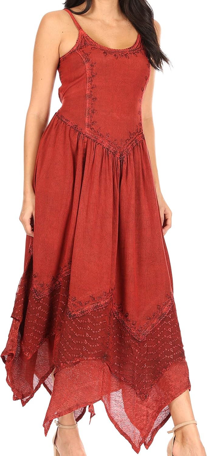 Sakkas Rayon Embroidered Stonewashed Adjustable Spaghetti Straps Long Dress - Image 3