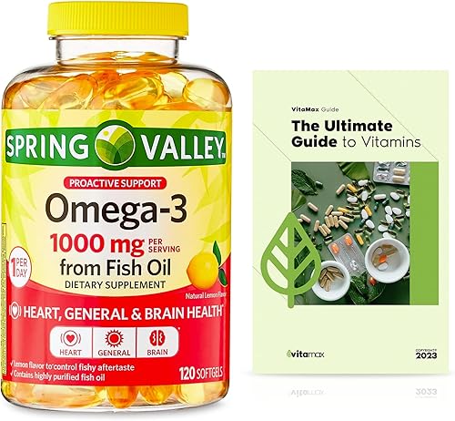Spring Valley Omega-3 de aceite de pescado 1000 mg, cuidado máximo, 120 unidades + guía exclusiva de vitaminas VitaMax (2 artículos)