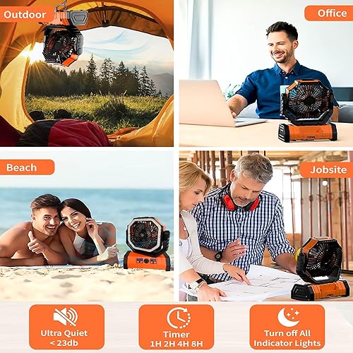 Miniatura 6 de Ventilador eléctrico portátil al aire libre con luz LED 20000mAh funciona con pilas camping con gancho. Ventilador de escritorio de carga USB para
