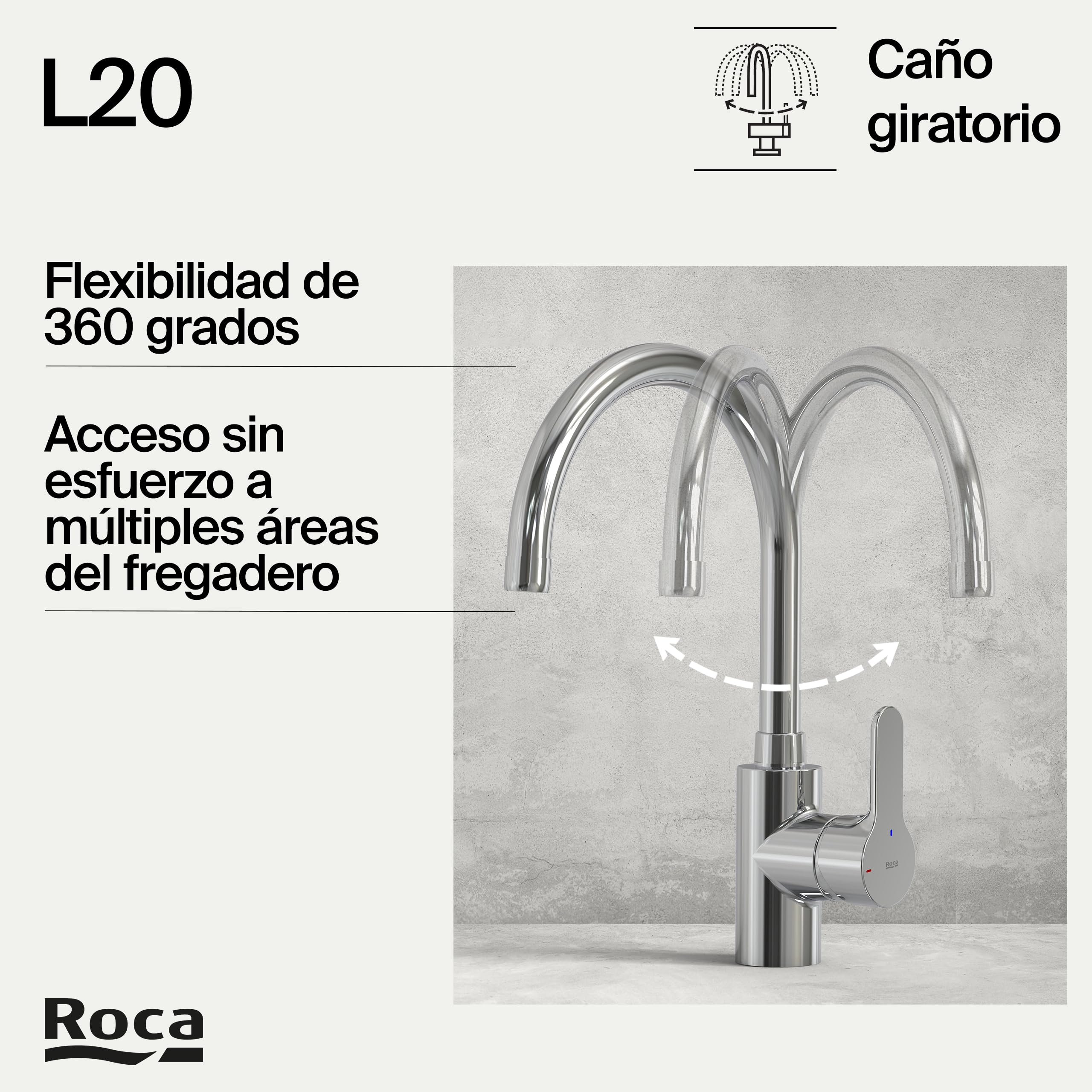 Roca,L20,Grifería monomando para cocina con caño giratorio, Cold Start,A5A8409C00