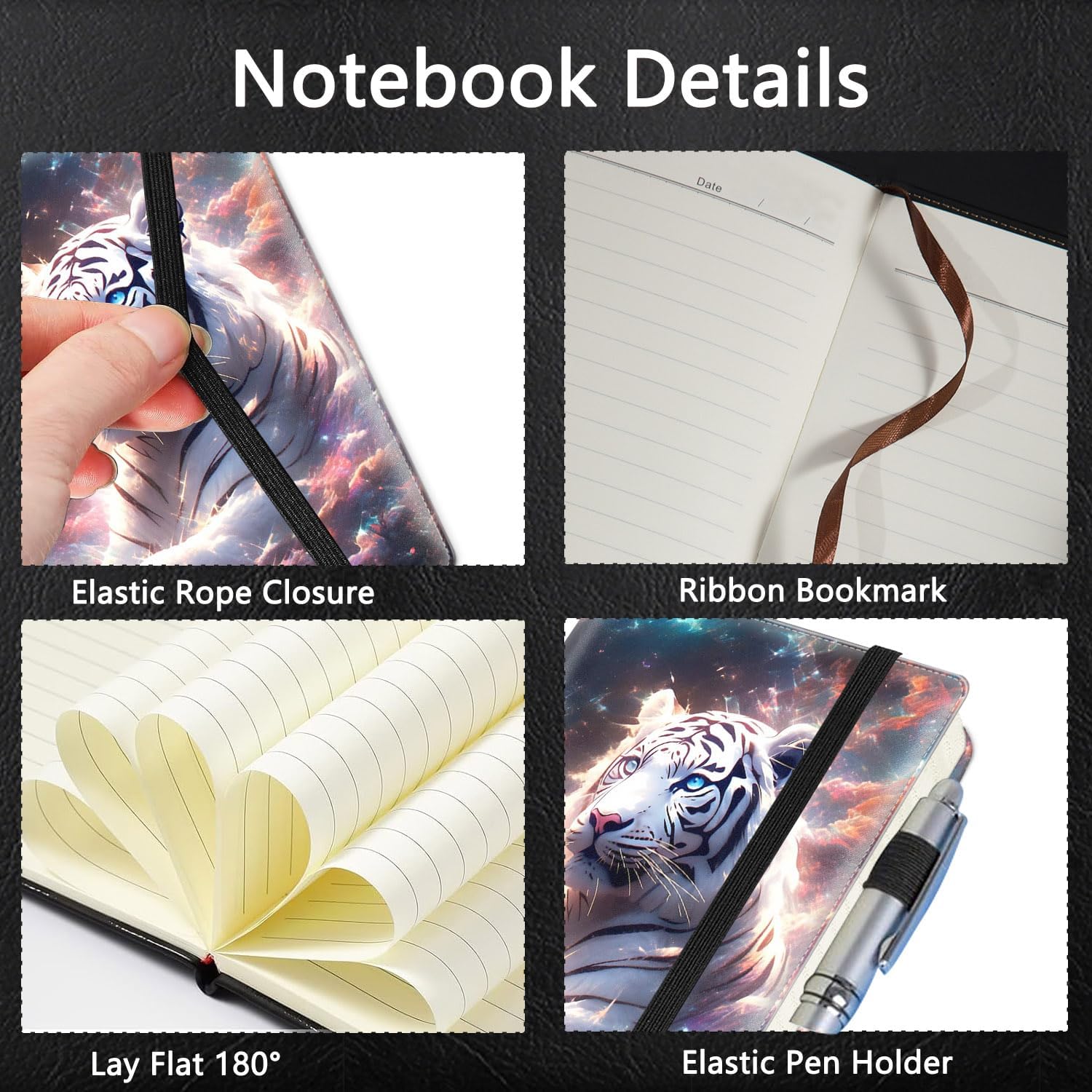 Journal Notebook, A5 Lined Notebook for Writing 200 Pages 100 GSM Thick Paper, Hardcover Leather Business Diary Notepad for Work and School College Ruled Notebook, White Tiger Starry Sky
