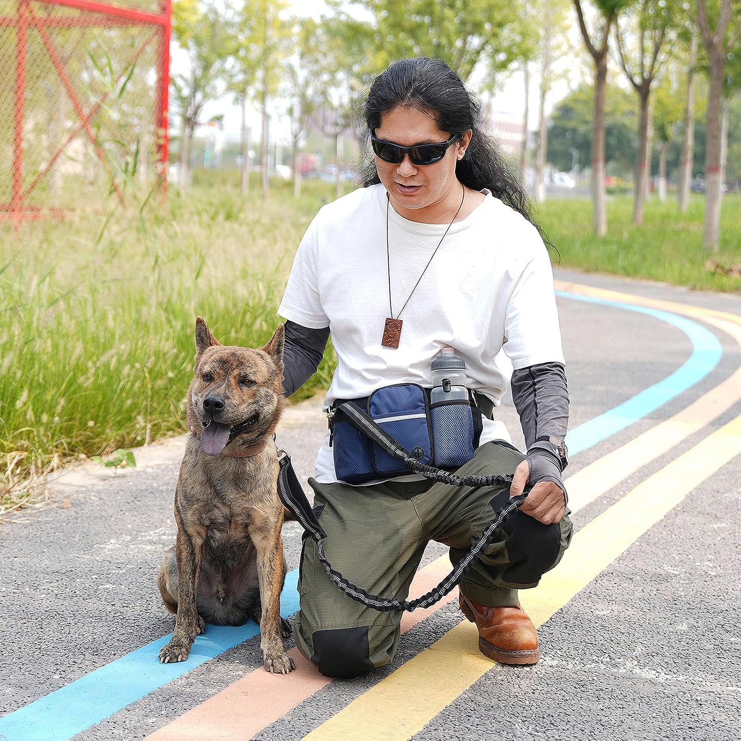 Hands Free Dog Leash Waist Pack with Bungee & Treat Pouch Oxford Water-Resistant Multi-Pocket Belt for Walking Hiking Jogging and Dog Walking (Grey)