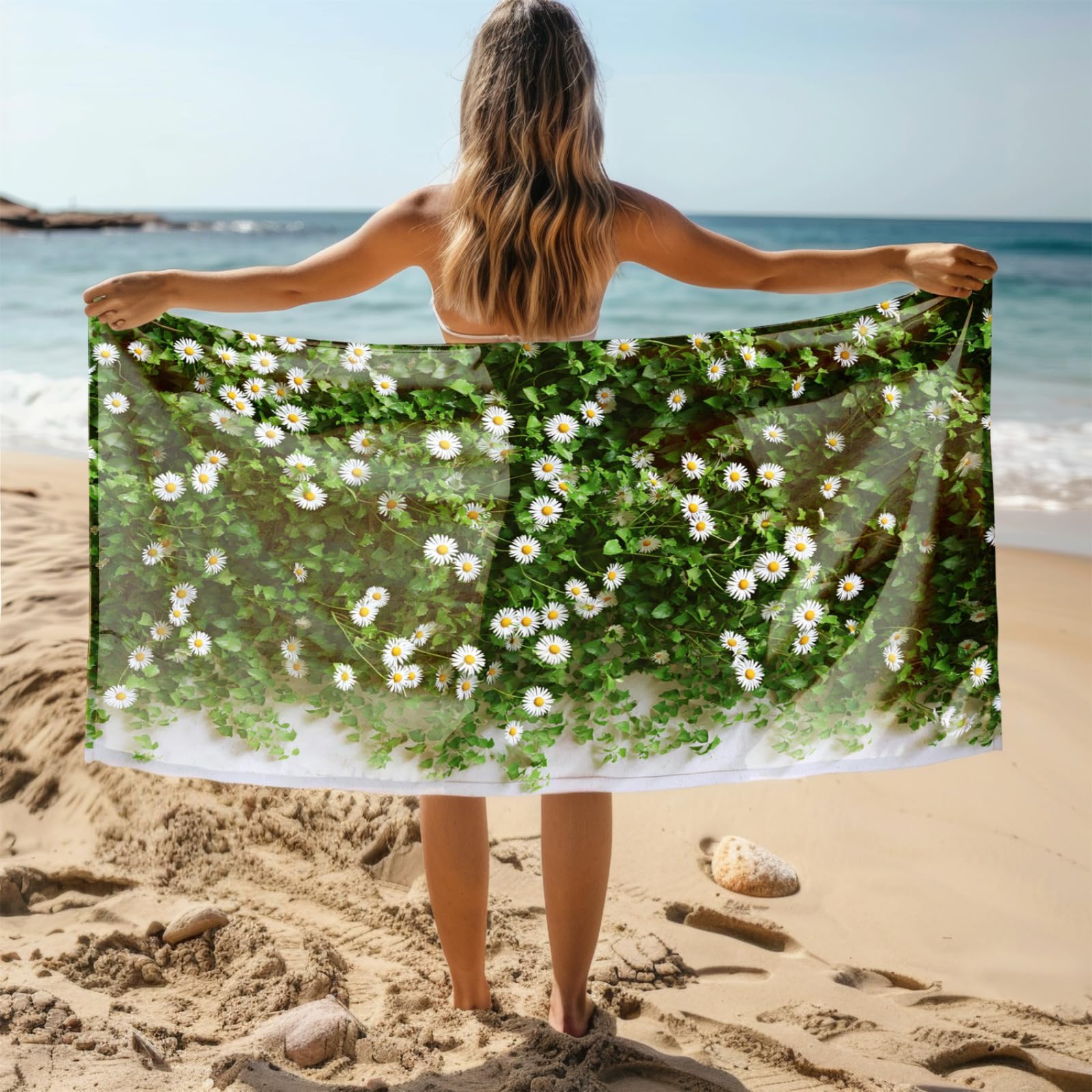 Genérico Toalla Playa 180X100 Agrupaciones De Flores Blancas Y Verdes