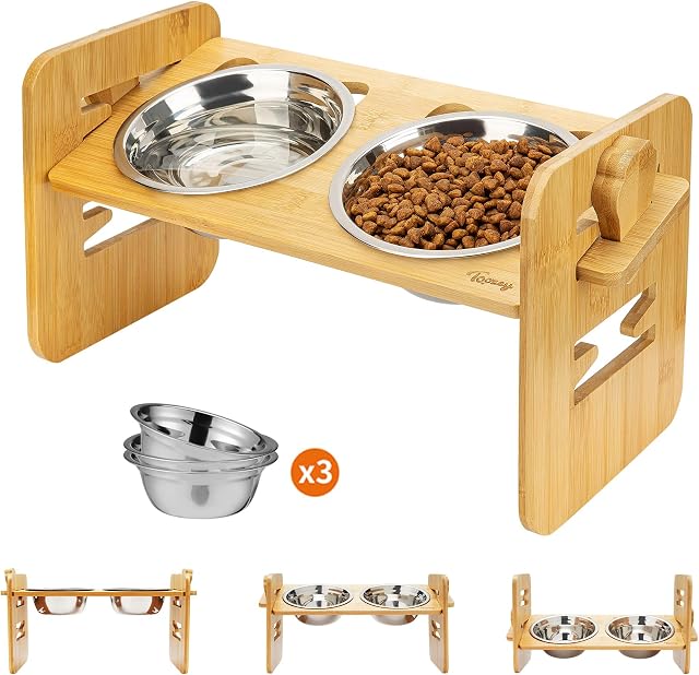 Toozey Raised Dog Bowls for Small Dogs and Cats, 6 Heights Adjustable Dog Bowls with Non-slip Feet, Raised Dog Bowl with 3X 500ml Stainless Steel Bowls, 15° Tilted Bamboo Cat Bowls
