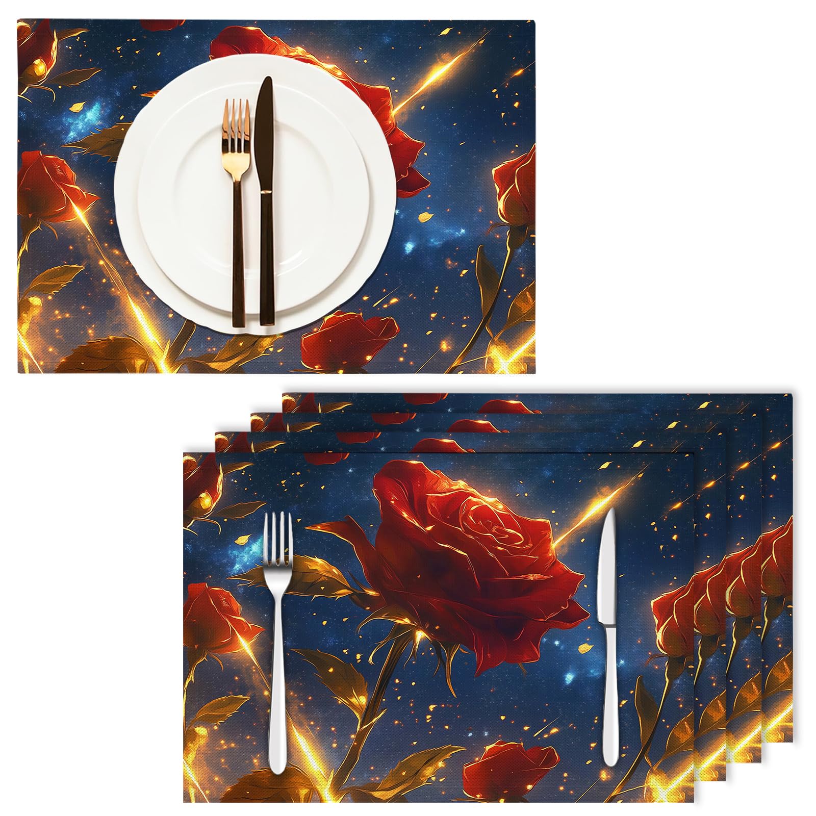 8 Pezzi Tovagliette Americana Cielo stellato - Tovaglietta Americane in Cotone e Lino Rose rosse e foglie dorate Lavabili Sottopiatto per Sala da Pranzo Tavolo da Cucina 45 ×30 cm