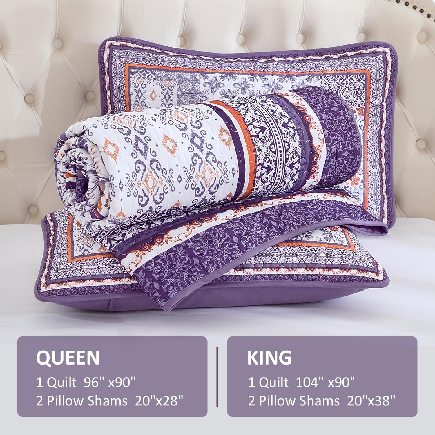 WONGS BEDDING Purle Quilt Set King Size,3 Pieces Boho Patchwork Bedspread Coverlet Set, Lightweight Bohemian Quilt Bedding Set for All Seasons (104"x90")