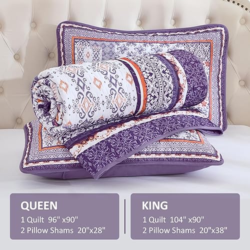 Miniatura 6 de WONGS BEDDING Purle - Juego de edredón tamaño Queen, juego de colcha de retazos bohemios de 3 piezas, juego de ropa de cama ligero bohemio para