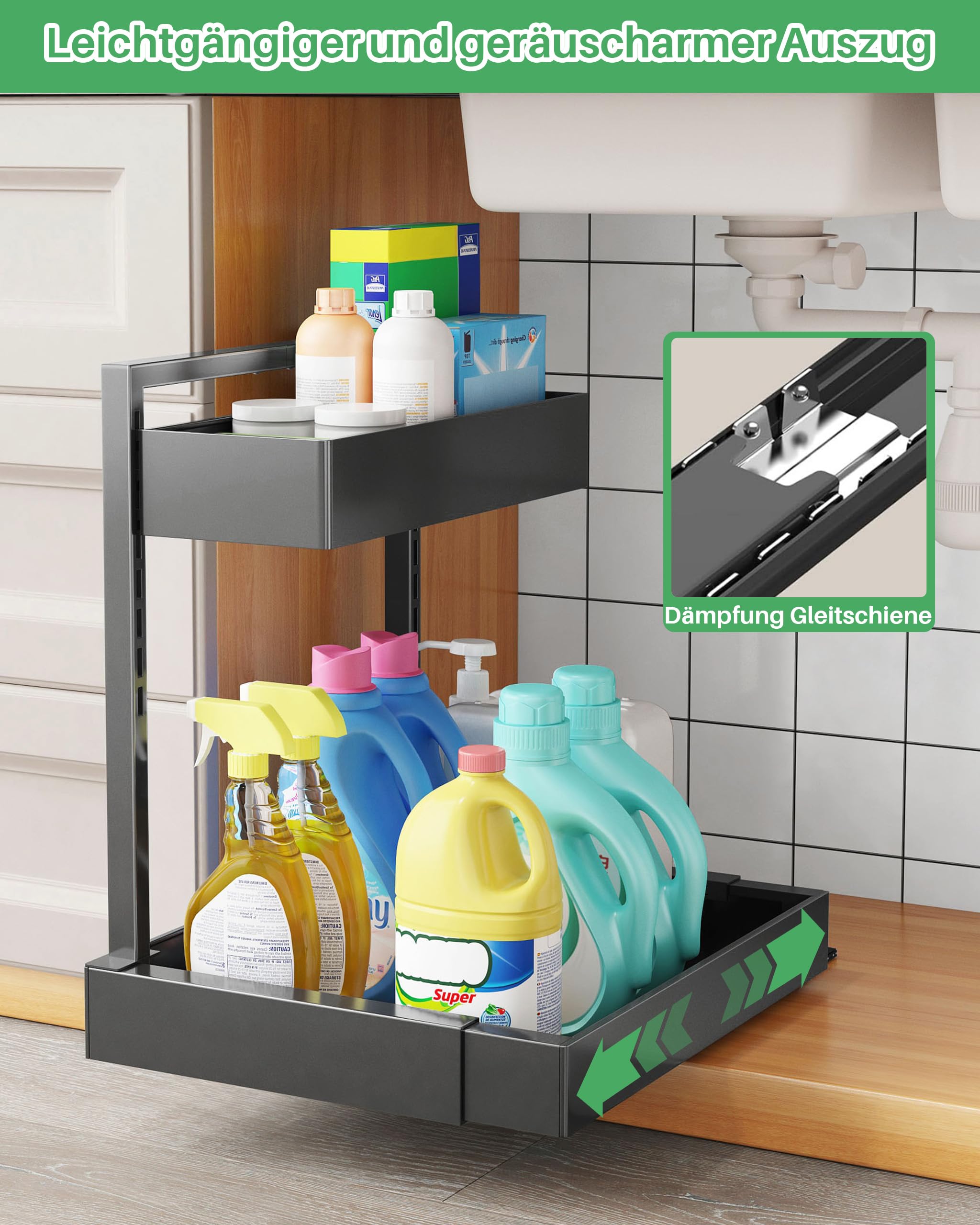 UMDONX Spülbecken Küche Organizer 2-stöckiger Unter Waschbecken Regal Ausziehbarer Spülschrank Organizer,Schwarz