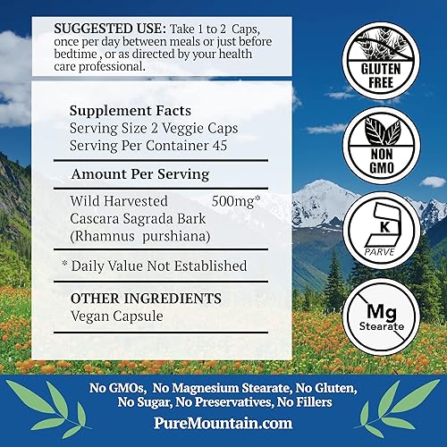 Miniatura 2 de Pure Mountain Botanicals Cápsulas de Cascara Sagrada - 90 cápsulas veganas Kosher ahora con 400 mg de corteza envejecida de cáscara de cosecha