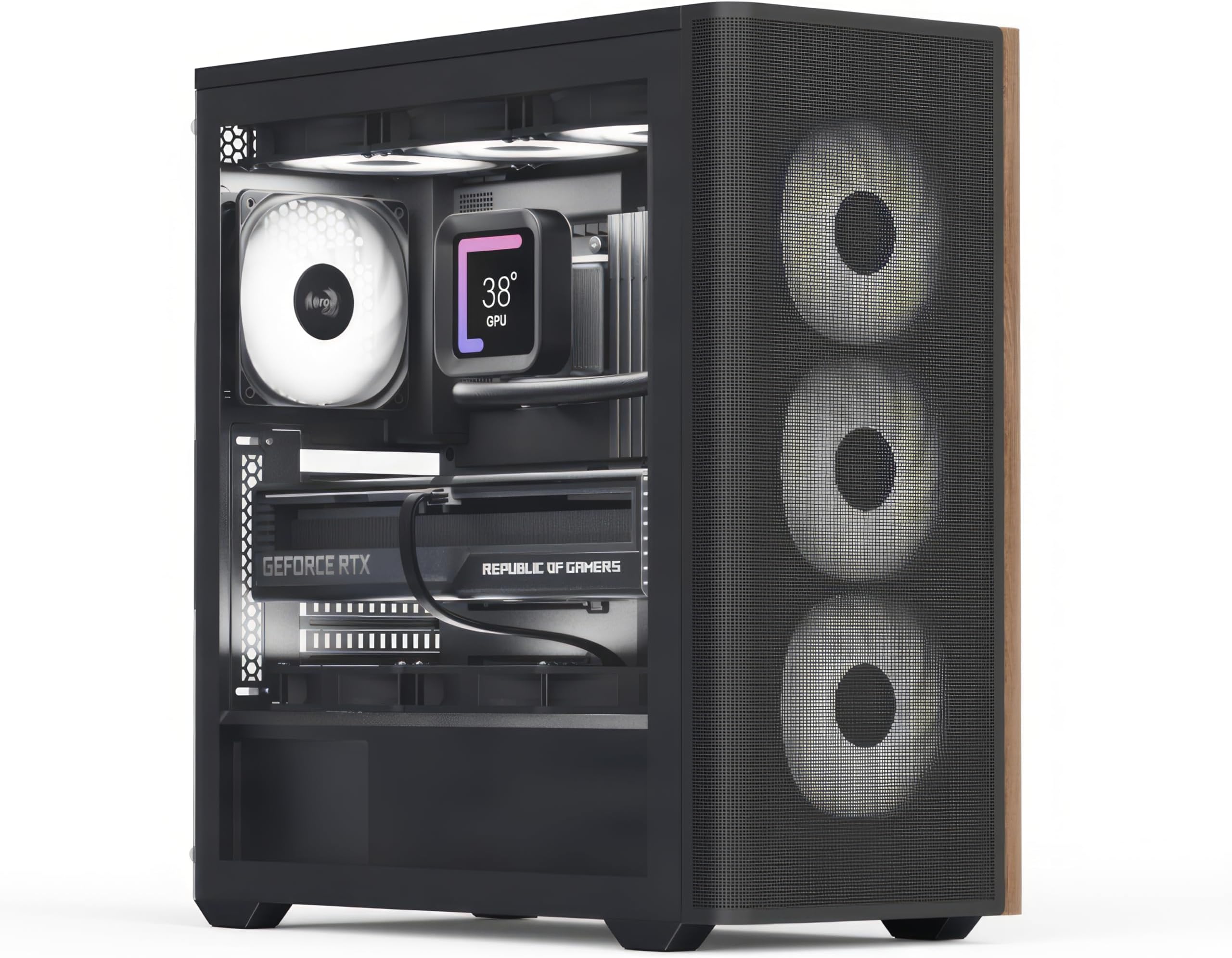 AeroCool D501A Mid Tower Case, Wood-Accented Mesh Front, 360mm Radiator Support, 11 Fan Slots, 400mm GPU, ATX/m-ATX/mini-ITX, Magnetic Dust Filters, SPCC Steel Construction, Trendy PC Build, Black