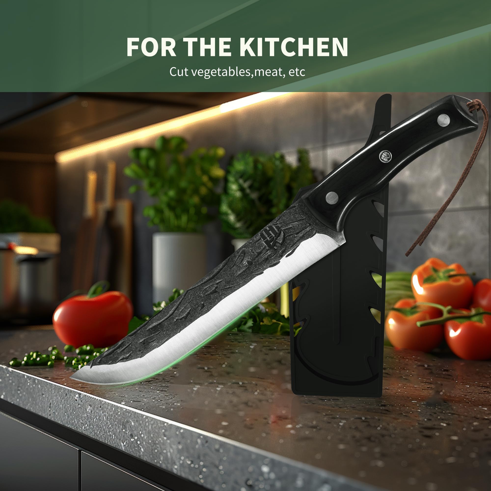 FULLHI Cuchillo deshuesador con funda,Cuchillo de cocina Full Tang,Cuchillo de acero al carbono para trinchar y deshuesar,Cuchillo de pesca para casa,Camping Barbacoa (Negro, 17cm)