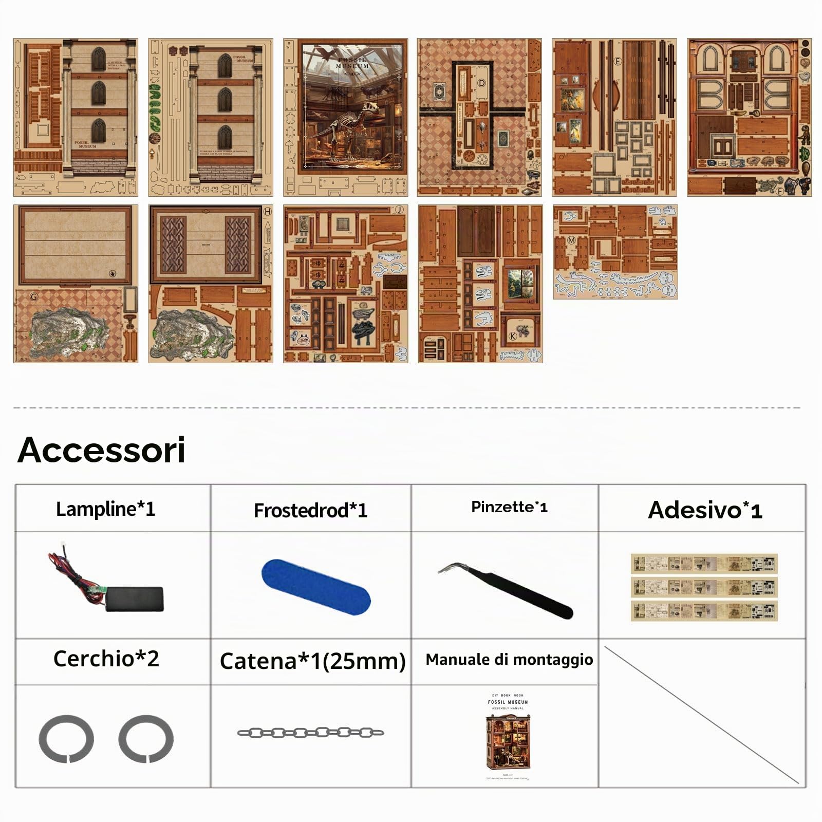Book Nook Kit-(Tema Dinosauri) Modello in miniatura del Museo dei Fossili, puzzle in legno 3D fai da te con LED, set fai da te per adulti, Idea Regalo Creativa,decorazione per libreria