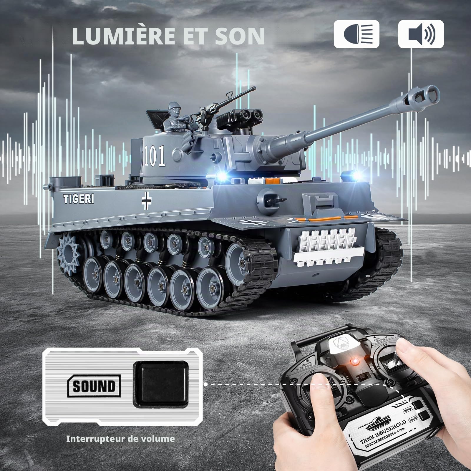 Supdex Tank Telecommandé Tiger I 1/18, Réservoir Télécommande Modèle Blindé de Combat 2,4GHz, Modèle Char de Combat, Crawler Réservoir Télécommandé avec Tir et Sons Réalistes pour Enfants et Adultes
