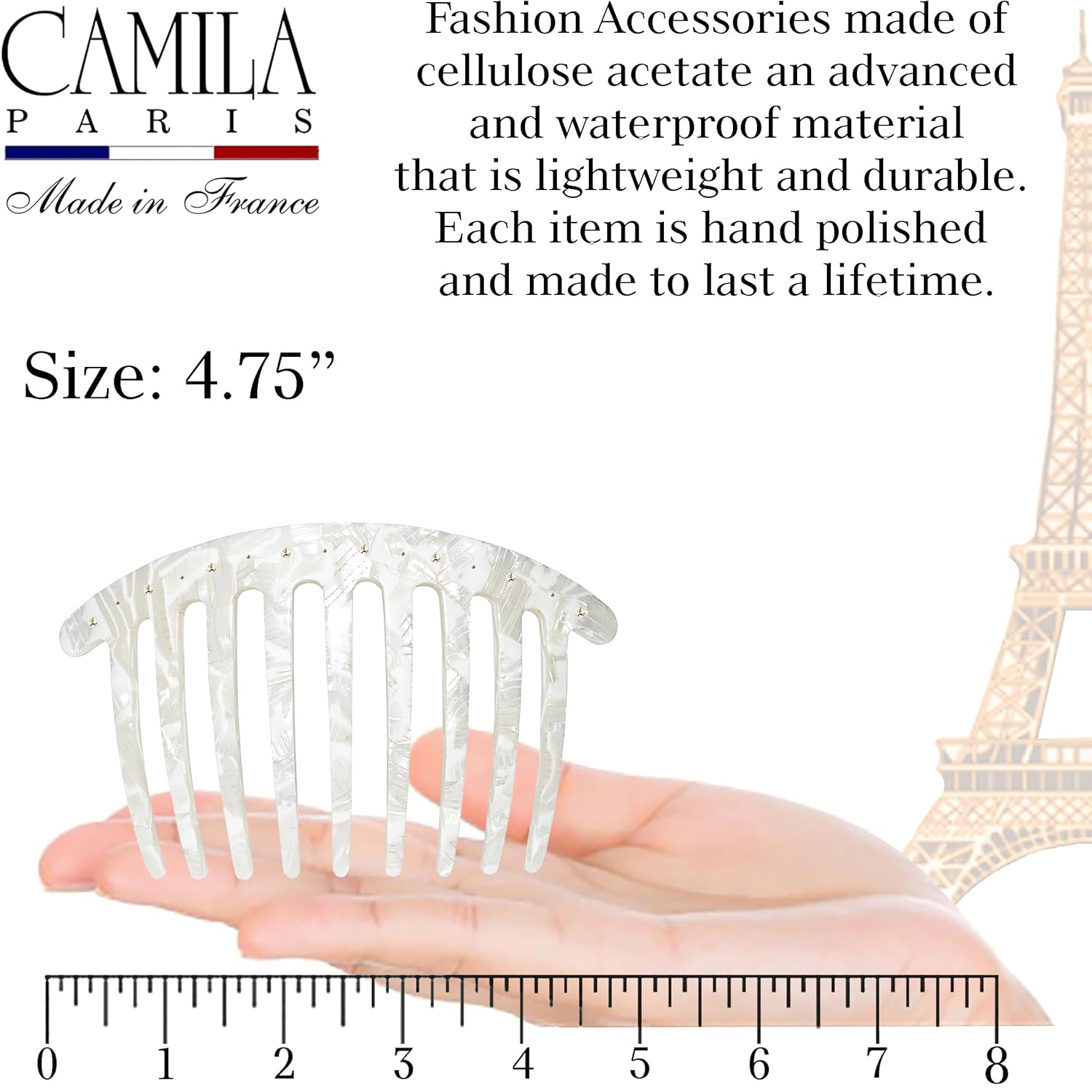 Camila Paris CP3737 French Side Comb Rounded, White and Stones, French Twist Hair Combs Decorative, Strong Hold Hair Clips for Women Bun Chignon Up-Do Styling Girls Hair Accessories Handmade in France