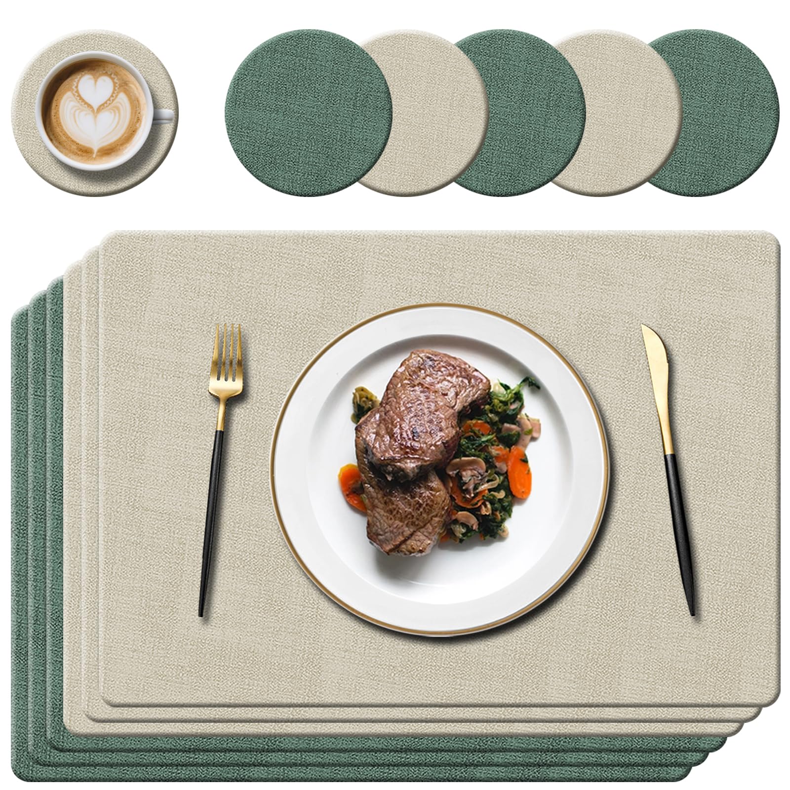 Faux Leather Place Mats and Coasters, Green/Cream, 43x30cm, Set of 6