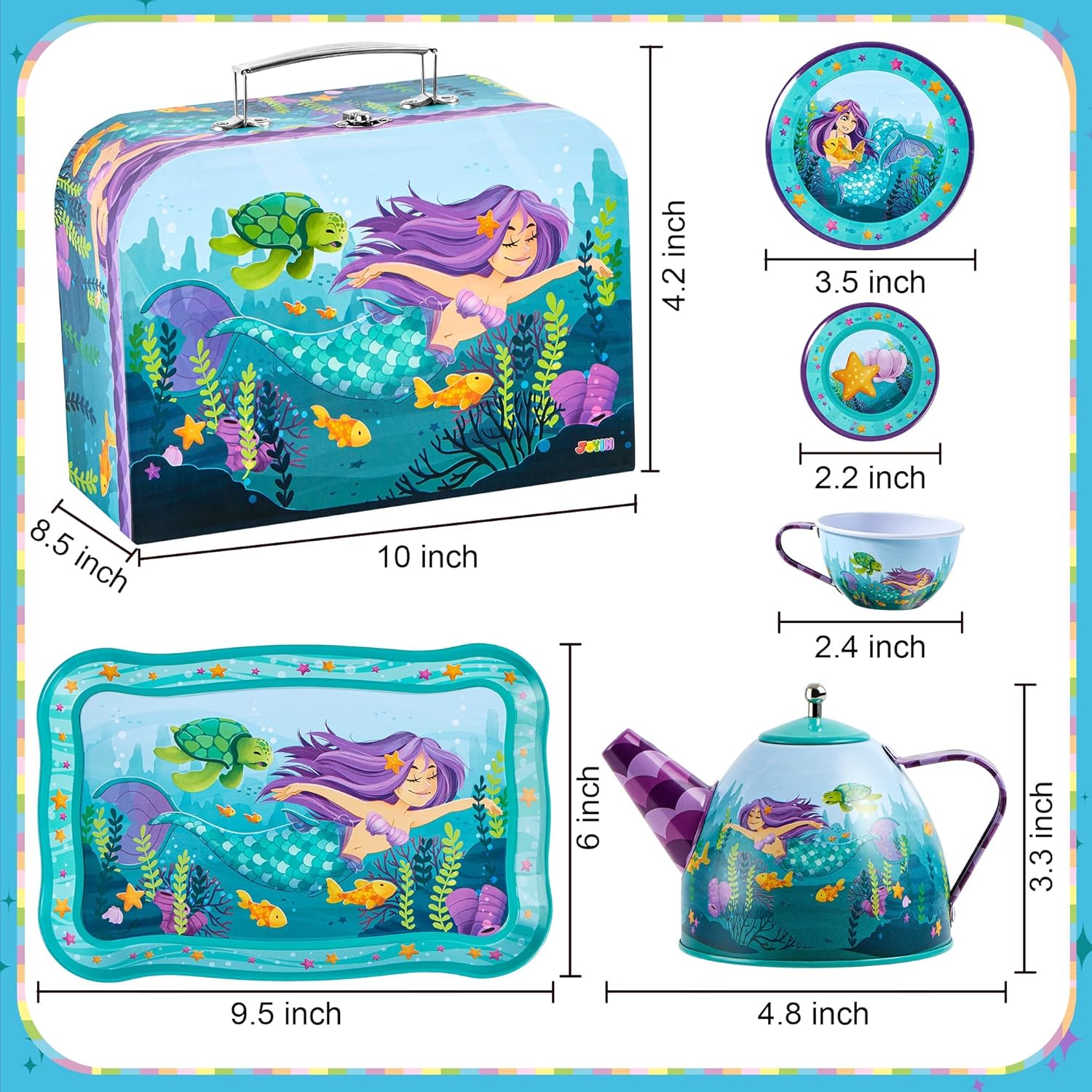JOYIN 35Pcs Mermaid Tea Party Set for Little Girls, Pretend Tin Teapot Set, Princess Tea Time Play Kitchen Toy with Teapot, Cup, Plate, Carrying Case
