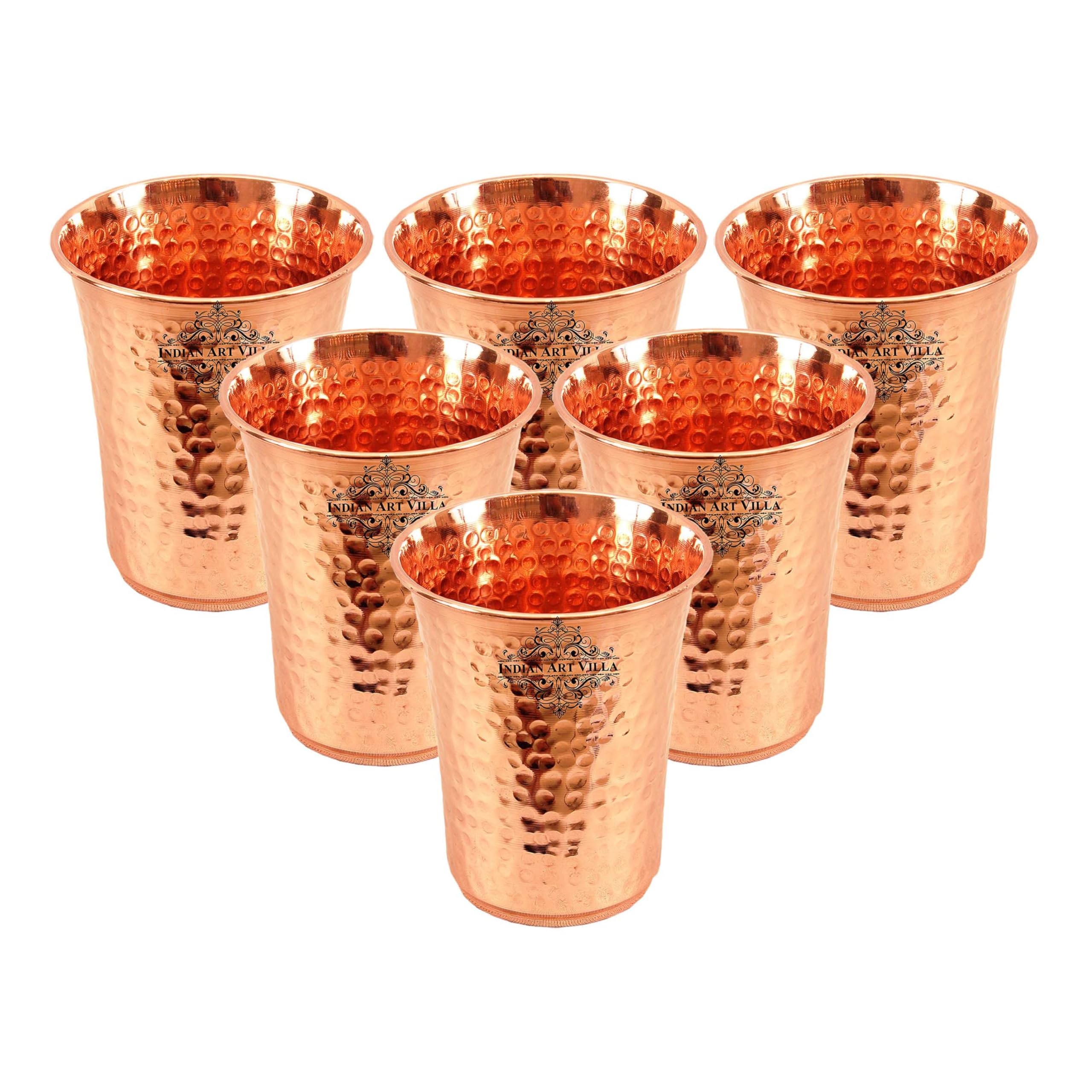 Indian Art Villa Pure Copper Glass Tumbler with Hammered Curve Design - Drinkware Home Hotel Restaurant Volume-19 Oz