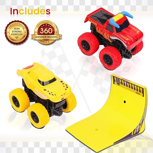 Miniatura 3 de Kidstech Super Friction Monster Trucks con rampa abatible de 360 grados, juego de 2 autos con ruedas grandes Push N Go para niños a partir de 3 años