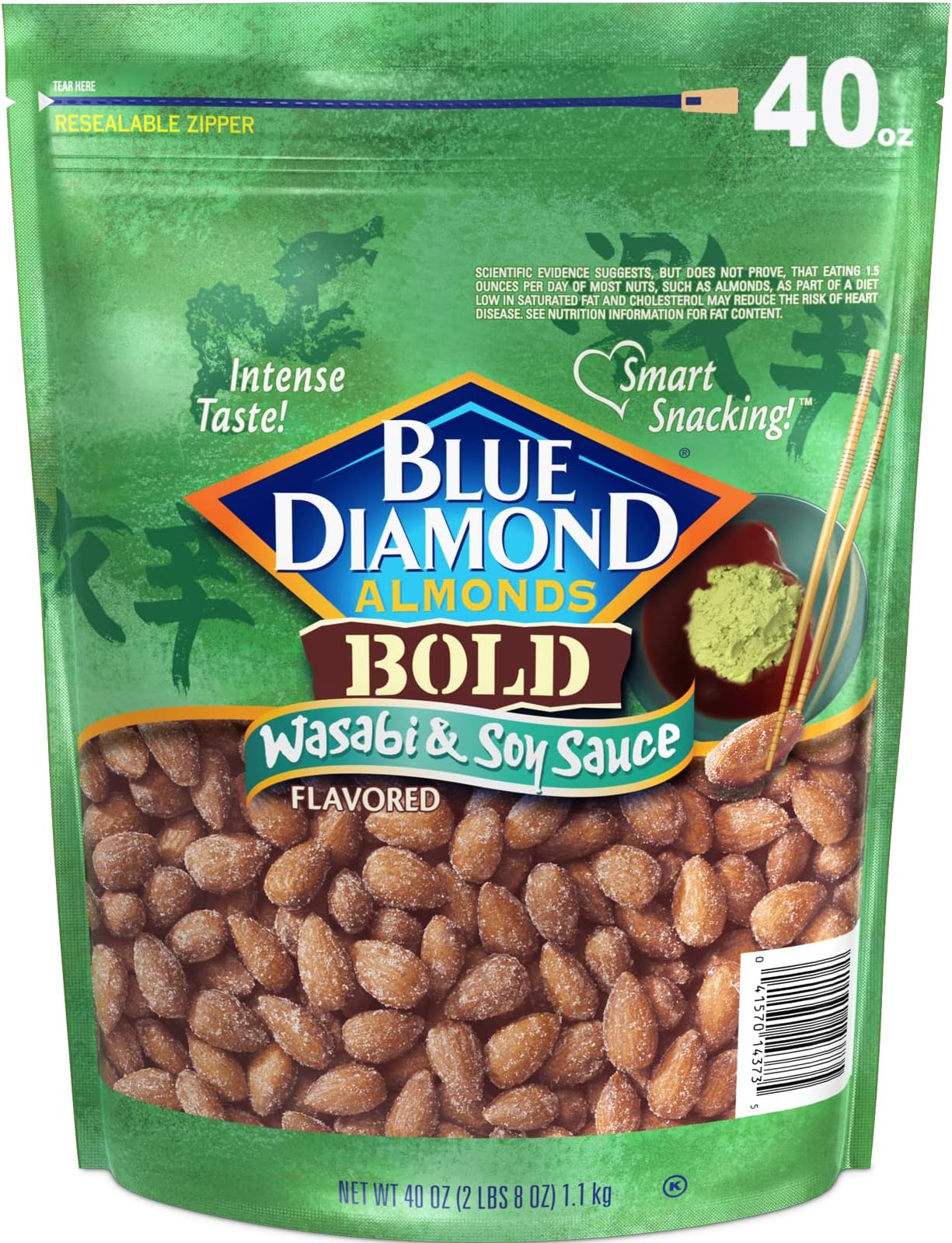 Blue Diamond Almonds Wasabi & Soy Sauce Flavored Snack Nuts, 40 Oz Resealable Bag (Pack of 1)