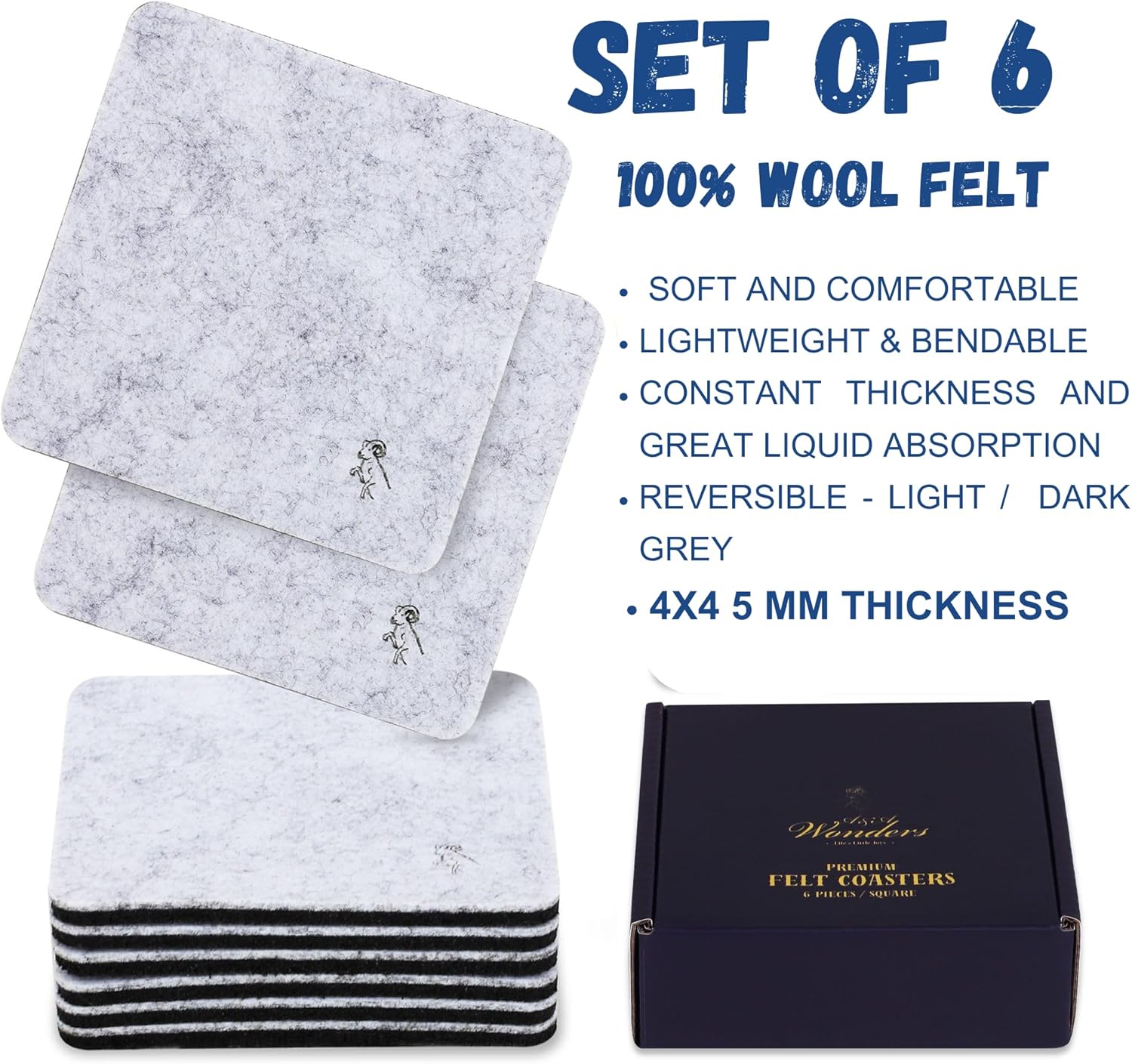 A&A Wonders Premium Felt Coasters for Drink, Two-Tone Reversible, Absorbent Felt Protects Furniture, Table, Anti Slip, Suitable for Drinks & All Table Types (Light Gray/Dark Gray, Square 6 Pack) - Image 2