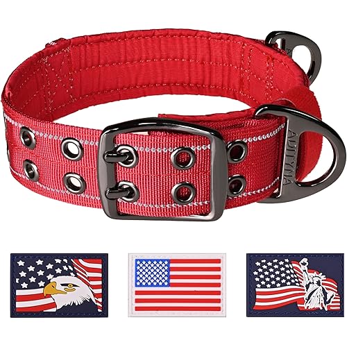 ADITYNA Heavy Duty Red Dog Collar for Large Dogs - Reflective Collar with Handle for Training, and Walking - Wide, Thick, Tactical, Soft Neoprene Padded