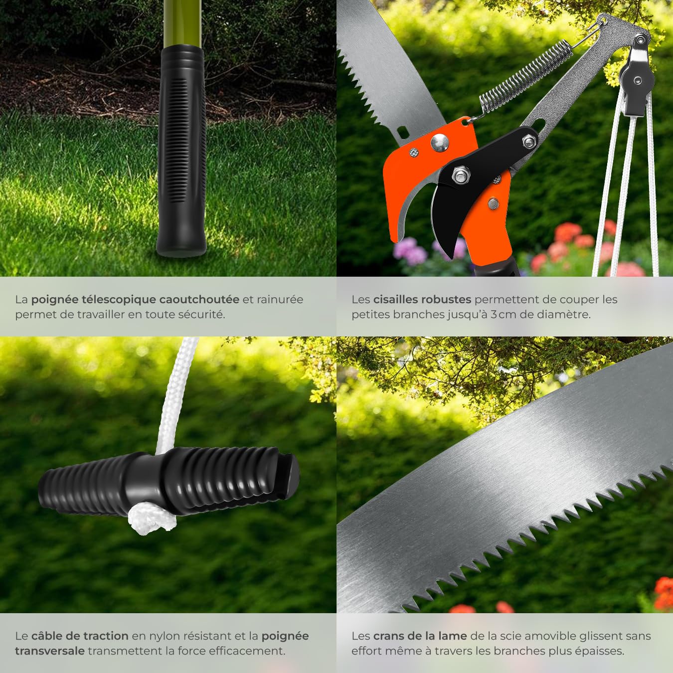 tectake® Coupe branche telescopique 2en1 Secateur et Scie à élaguer, Extensible 161-258 cm, Hauteur de travail max. 4m avec poignée de tirage, Elagueuse sur perche Taille haie Outils jardinage