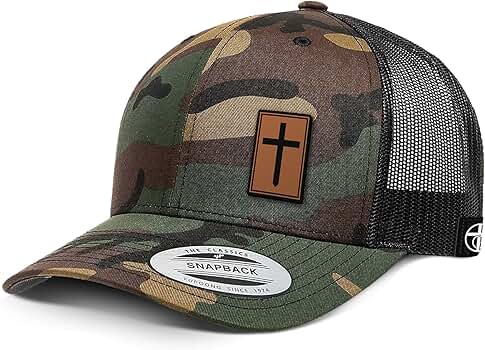 Cross Leather Patch Camo Trucker Hat - Adjustable Snapback