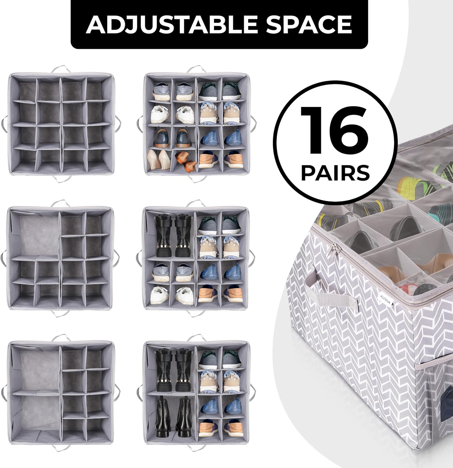 ALCOVA Shoe Organizer for Closet, 3 Pack Shoe Storage Box with Clear Cover, Foldable Shoe Storage Box, Fits up to 48 Pairs, Gray