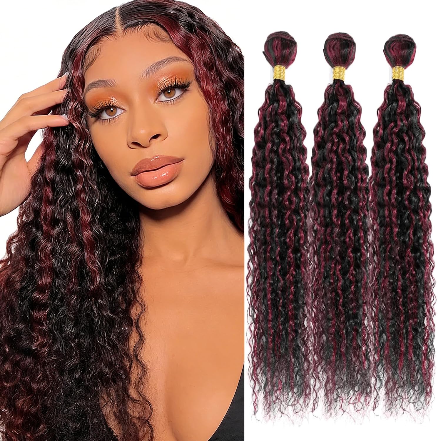 Ombre Curly Wave Bundles Human Hair 28 30 32 Inch P1B/99J Highlight Burgundy Human Hair 3 Bundles human Hair Extension Black Mixed Burgundy 150G