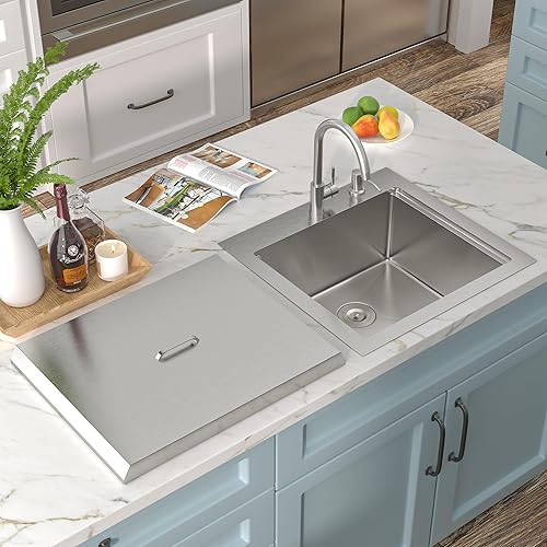 Miniatura 2 de Fregadero de estación de trabajo para exteriores de 21 x 20 pulgadas, fregadero de preparación de barra de acero inoxidable 304 calibre 16 con tapa