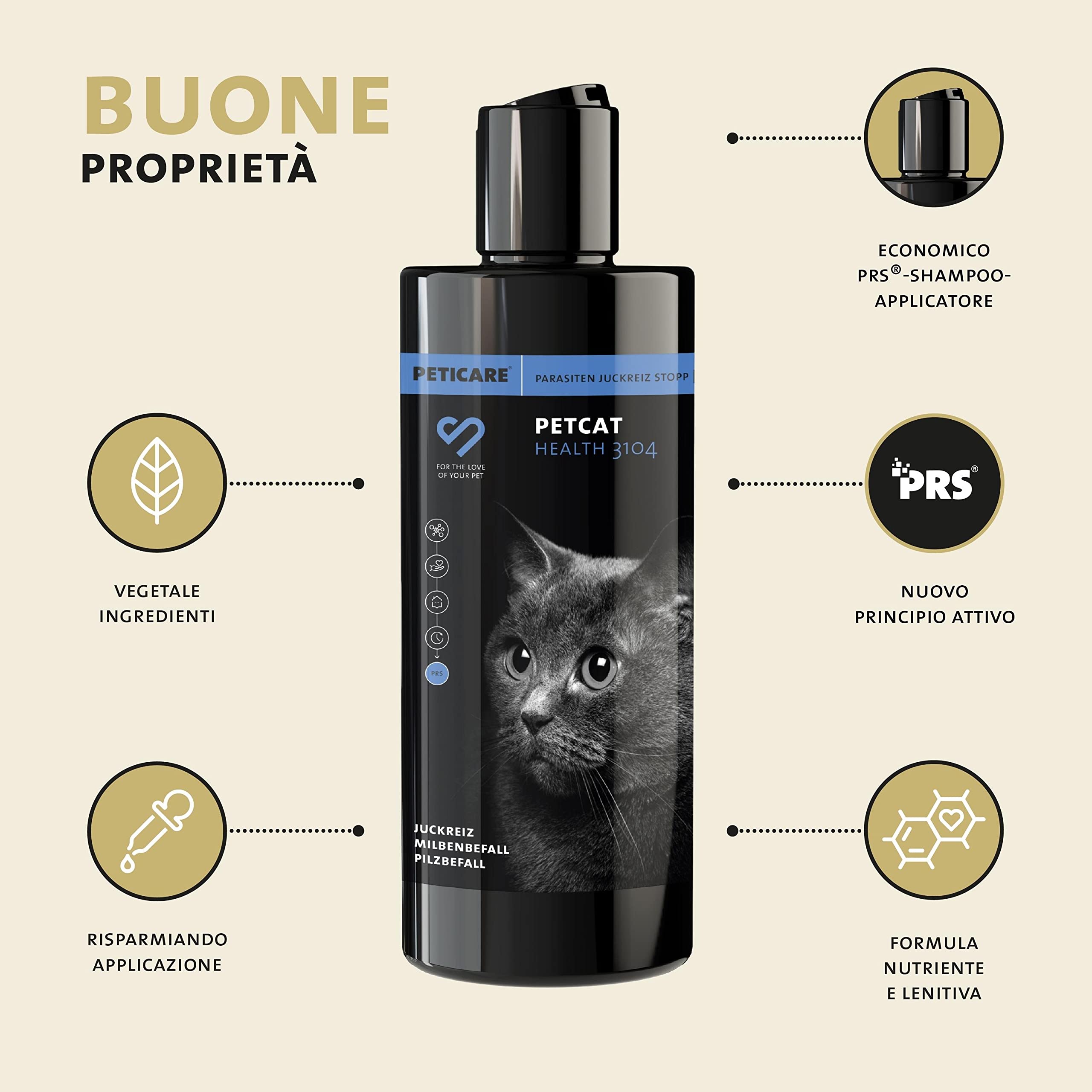 Peticare Shampoo Gatti Prurito e Acari – Scudo Cura Immediata per Parassiti – Senza Insetticidi – con Proteine della Seta – Shampoo Lenitivo