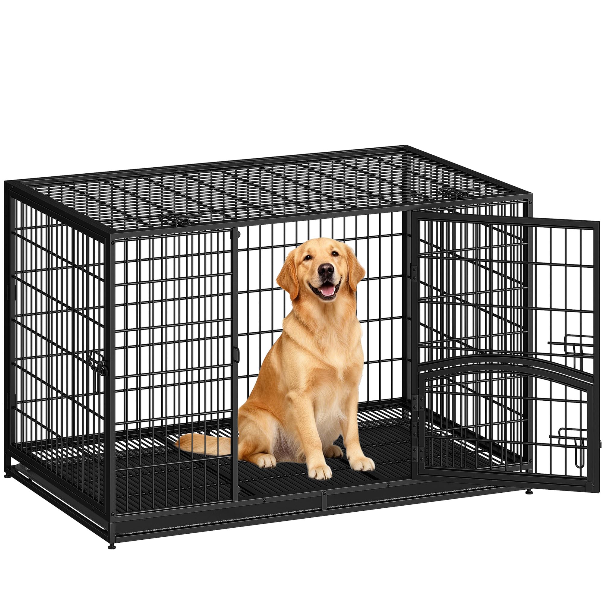 Hundekäfig Hochbelastbar, XXL Gitterbox für Zuhause, 4-Türiger Hundebox Metall mit Seitentür und Herausnehmbares Bodenschale, Leicht zu Reinigen, Haustierkäfig, Schwarz, 122 x 74,5 x 80,5 cm