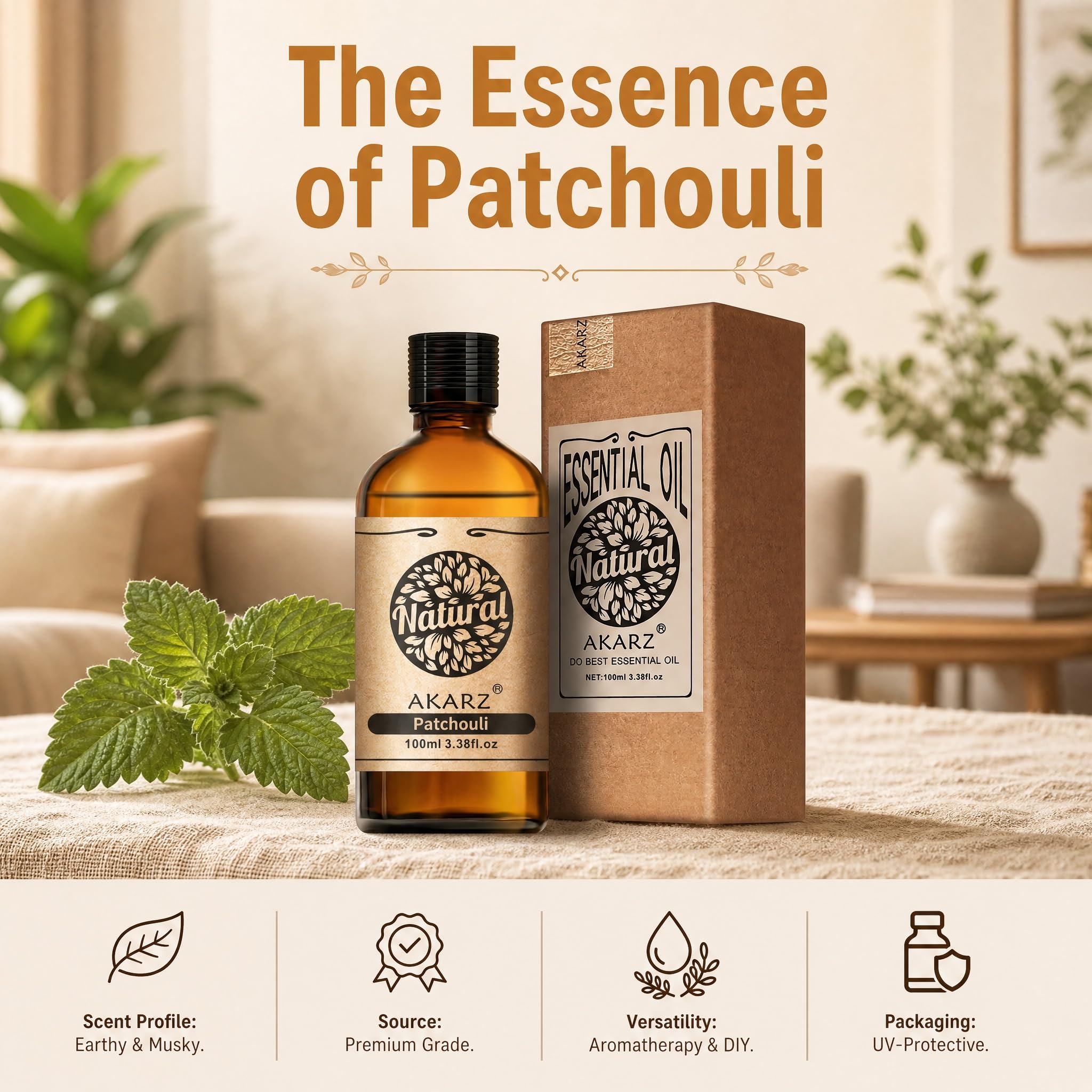 AKARZ 100ml Olejek esencjny z Patchouli - Naturalny olejek aromatyczny do dyfuzorów, lamp aromatycznych i aromatów pomieszczeń