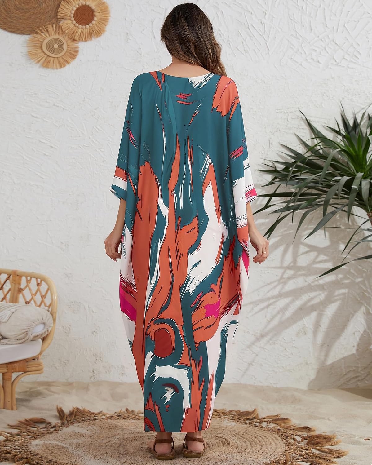 Bsubseach Kaftan Dresses for Women Colorful Print Plus Size Swimsuit Coverup Moo Moos Caftan with Pockets Vacation Outfits