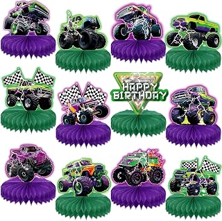 CHUNNIN 12 piezas de centro de mesa de camión monstruo verde y morado, decoración de fiesta de cumpleaños, camión monstruo, decoración de coche de carreras para niños, cumpleaños, baby shower,