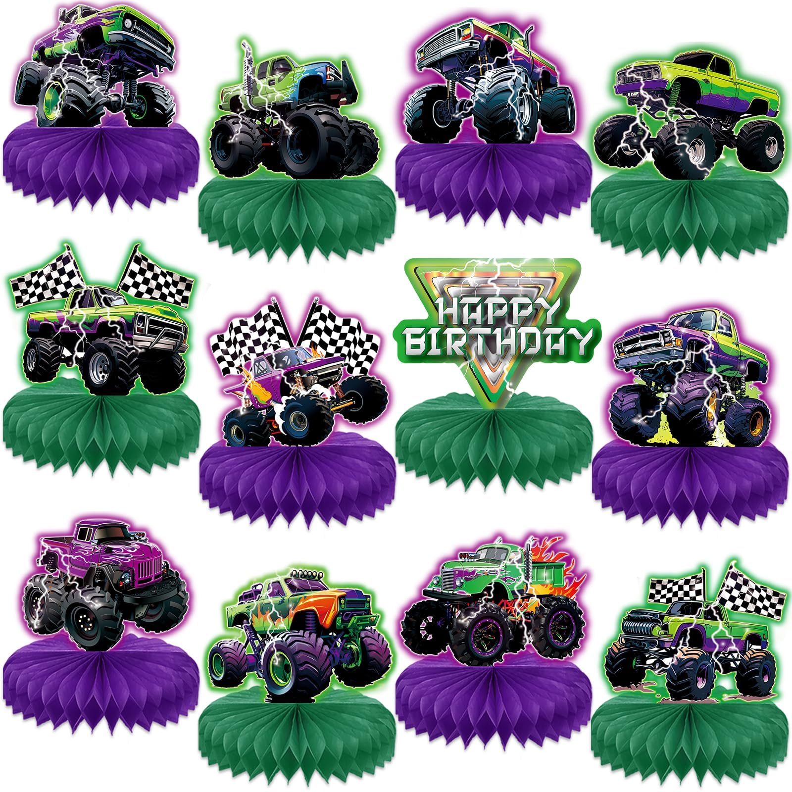 CHUNNIN 12PCS Green Purple Monster Truck Honeycomb Centerpiece Monster Truck Birthday Party Decorations 3D Monster Truck Table Ornament Racing Car