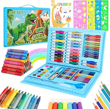 homicozy Art Supplies, Dinosaur Drawing & Coloring Set with Crayons, Colored Pencils, Markers, Sketchbook, Watercolor Cakes, Stencils, Arts and Crafts Painting Kit for Kids Ages 4-10, Girls Boys Gift