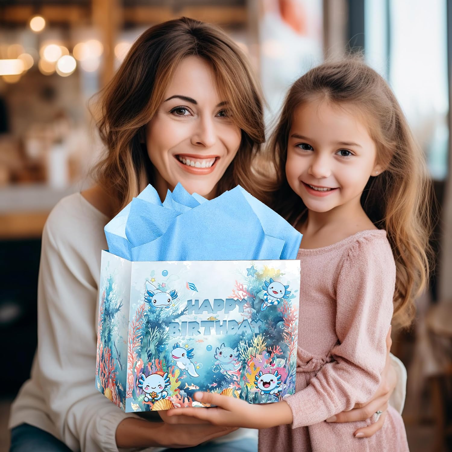 Axolotl Birthday Gift Bag Favors - Blue Cute Animal Party Favor Bags with Tissue Paper and Greeting Card Cartoon Birthday Gifts Wrapping for Kids Axolotl Party Salamander Themed Decoration Favors - Image 7