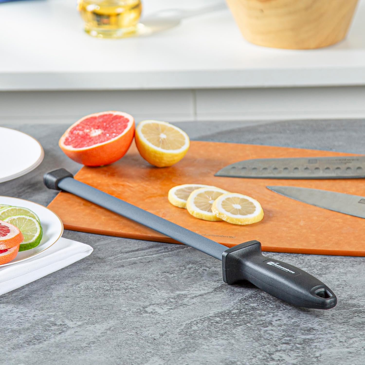Restaurantware Met Lux 17 Inch x 1.8 Inch Knife Honing Rod 1 Nylon Handle Sharpening Steel - Shock Absorbent Grooved Black Ceramic Knife Sharpener Rod For Kitchen