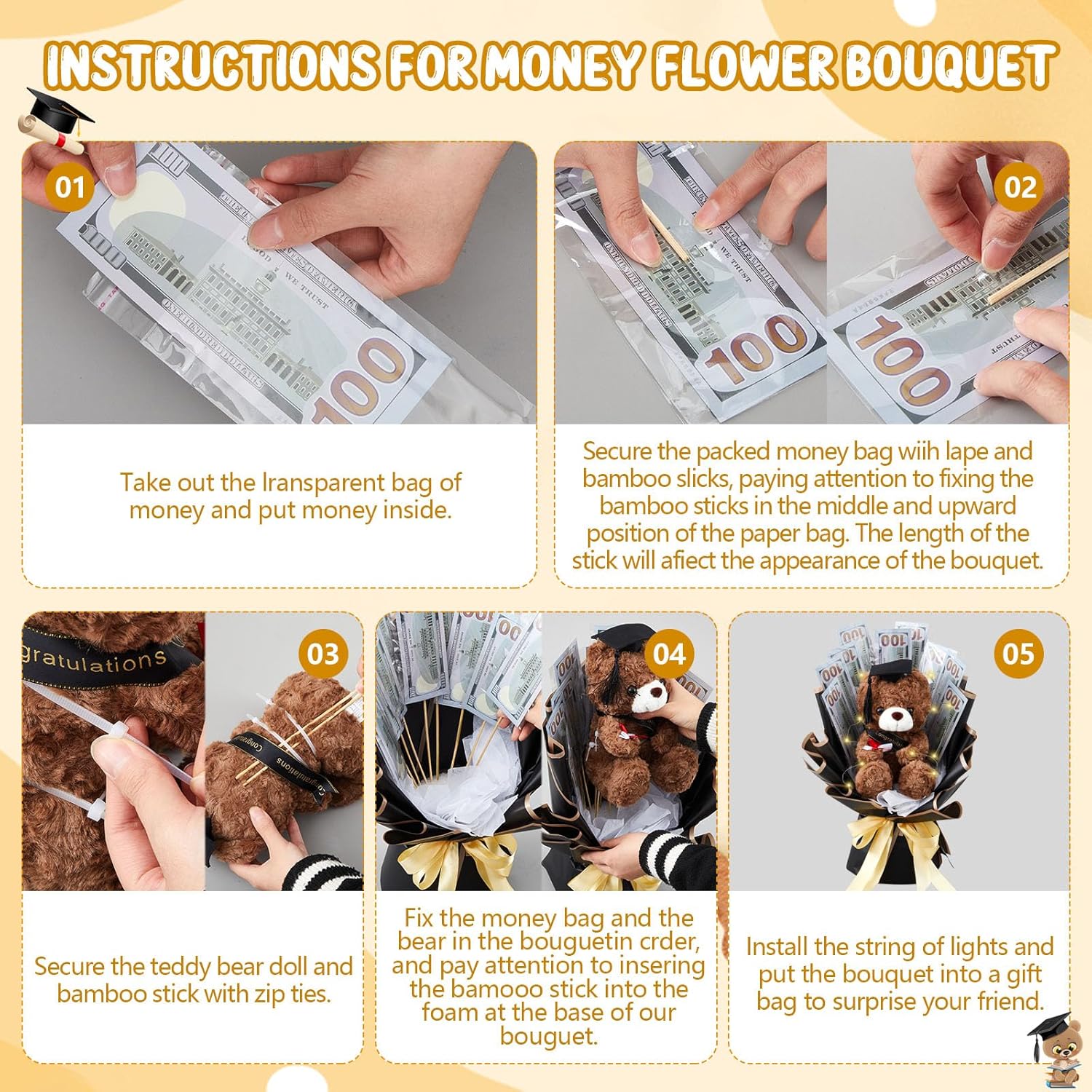 WinnerWhy Graduation Money Bouquet Kit Graduation Gifts for Her and Him, DIY Money Bouquet with Bear Cash Gift Idea for Class of 2026 Congratulation